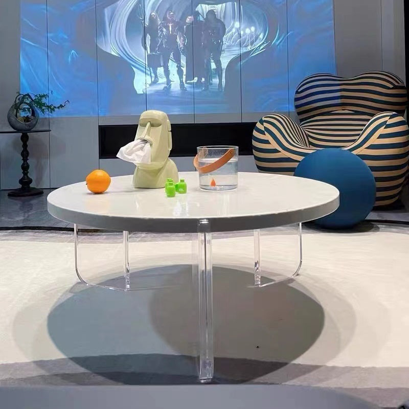 White Round Single Coffee Table Slate Cocktail Table with 3 Legs