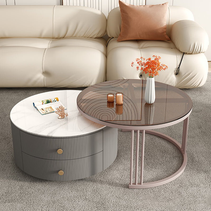 Metal Anb Glass Coffee Table Set Round Nesting Coffee Table Set with 2 Drawers