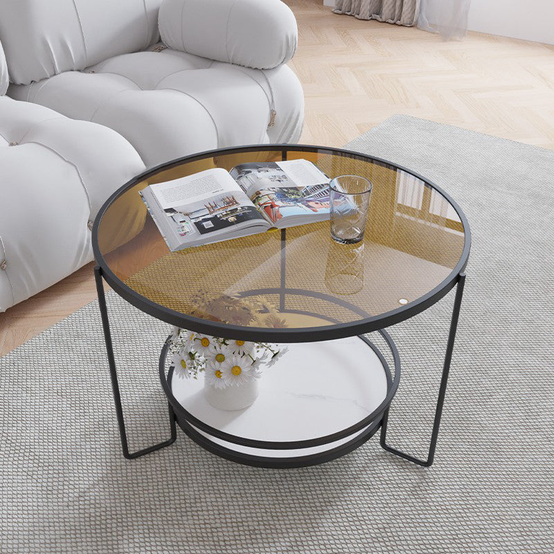 Round Cocktail Table Glass Top Single Coffee Table with Shelf