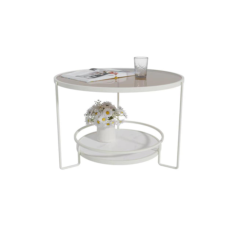 Round Cocktail Table Glass Top Single Coffee Table with Shelf