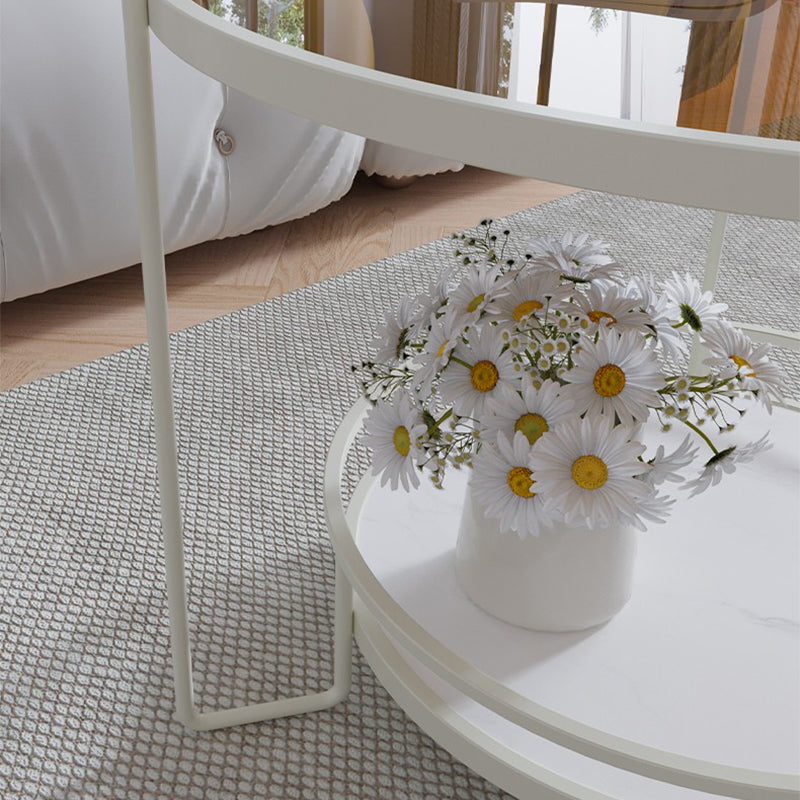 Round Cocktail Table Glass Top Single Coffee Table with Shelf