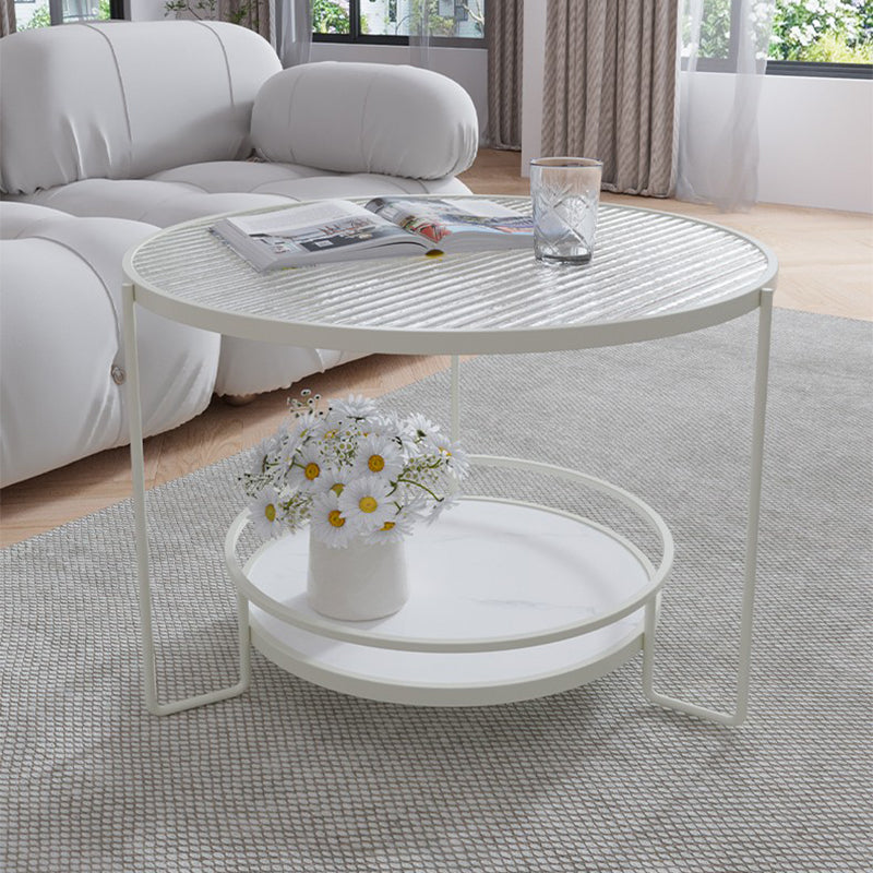 Round Cocktail Table Glass Top Single Coffee Table with Shelf