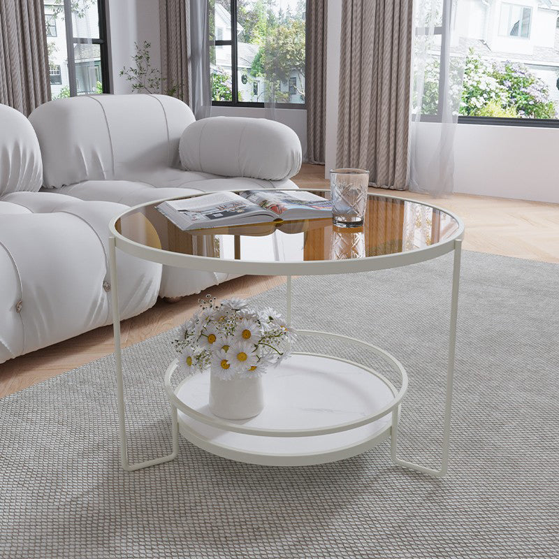 Round Cocktail Table Glass Top Single Coffee Table with Shelf
