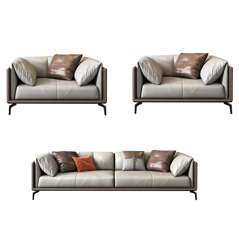 Pillow Top Arm Sofa Modern Leather Sofa with Pillows in Gray and Brown