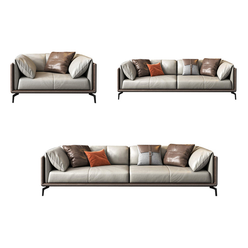 Pillow Top Arm Sofa Modern Leather Sofa with Pillows in Gray and Brown