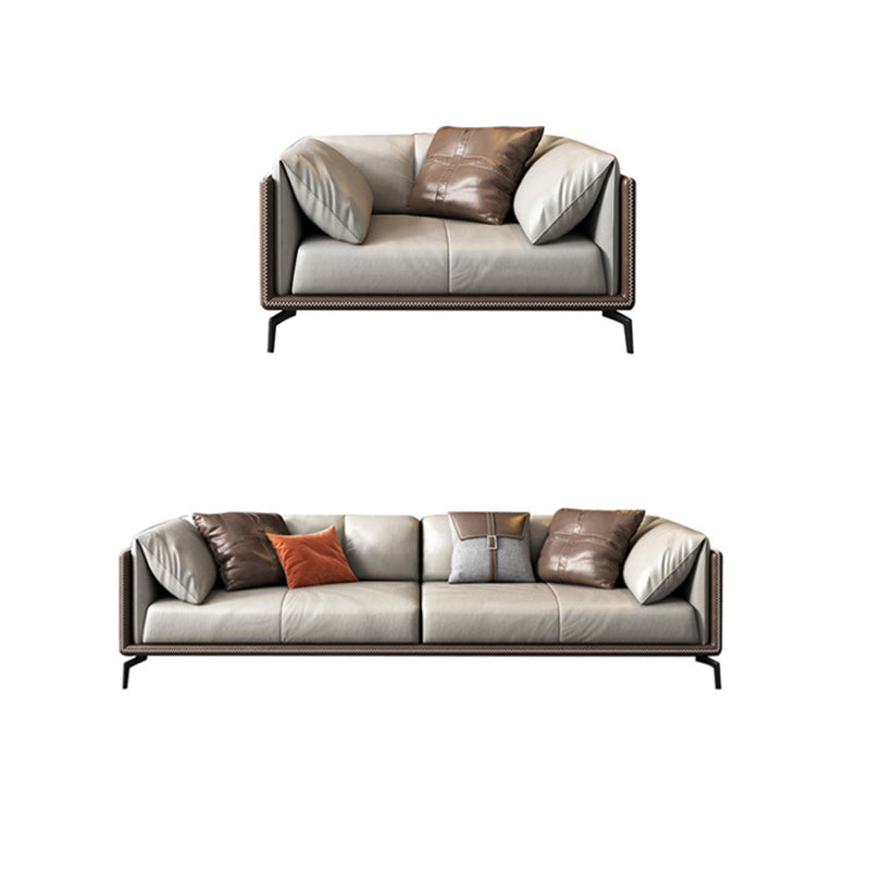 Pillow Top Arm Sofa Modern Leather Sofa with Pillows in Gray and Brown