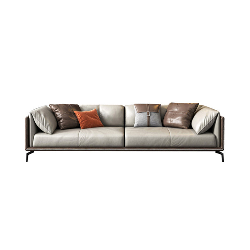 Pillow Top Arm Sofa Modern Leather Sofa with Pillows in Gray and Brown