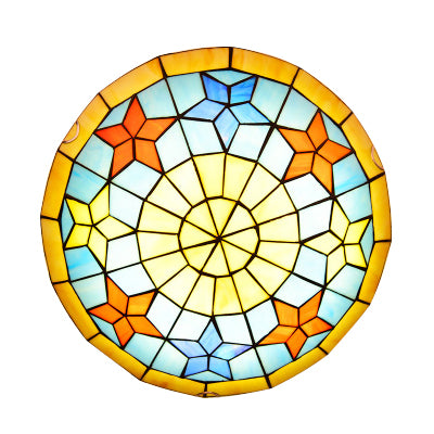 Tiffany Bowl Forme Flush Mount Light with Star Stained Glass Yellow Ceiling Lamp for Bedroom
