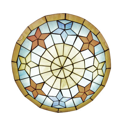 Tiffany Bowl Shape Flush Mount Light with Star Stained Glass Yellow Ceiling Lamp for Bedroom