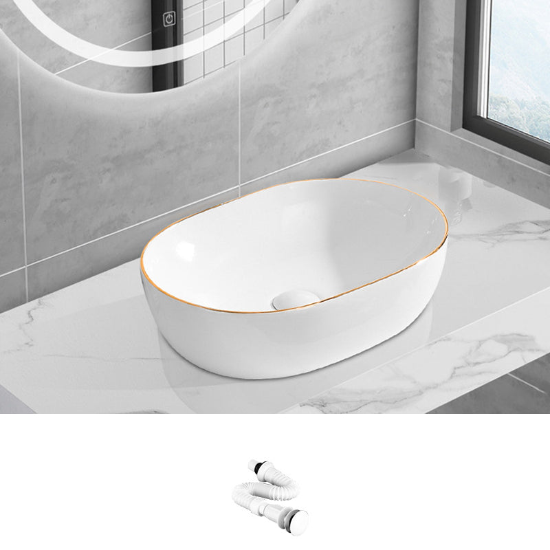 Modern Vessel Lavatory Sink Porcelain Oval Shut-Off Valve Included Vessel