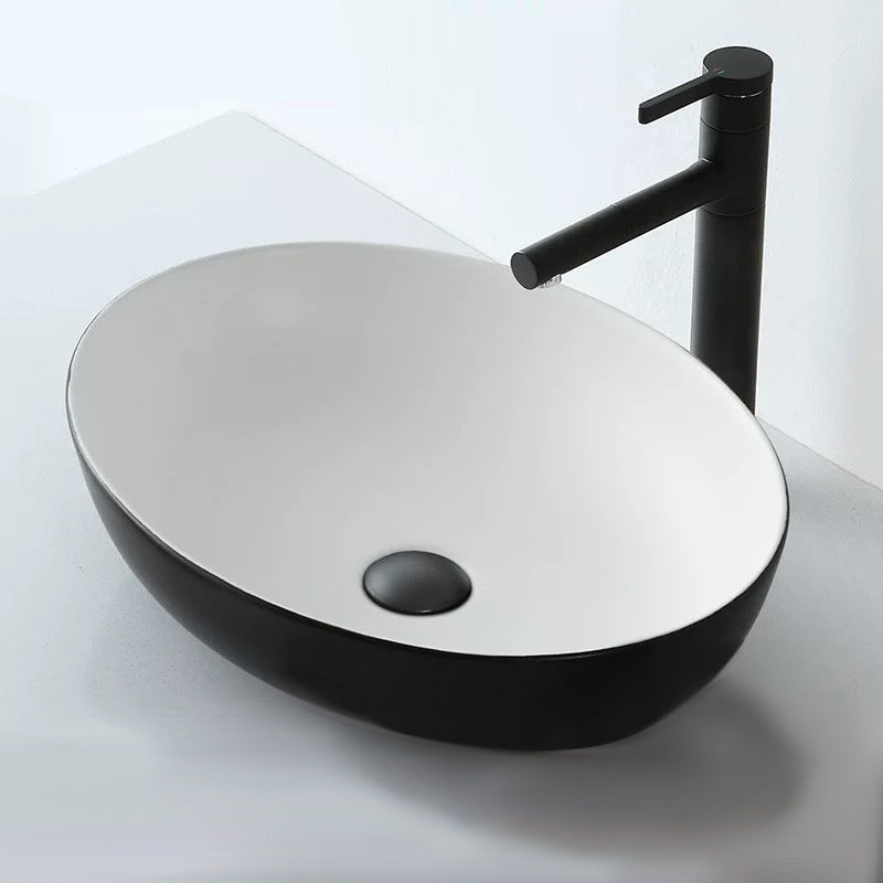 Modern Vessel Bathroom Sink Oval Porcelain with Pop-Up Drain Vessel