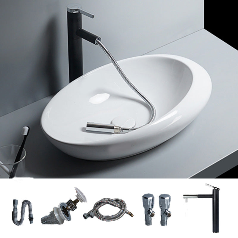 Modern Bathroom Sink Porcelain Oval-Shape Vessel Bathroom Sink with Pop-Up Drain