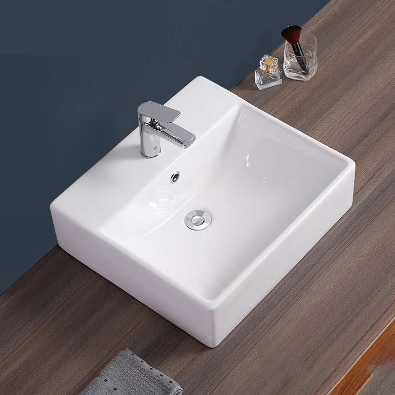 Bathroom Sink White Rectangle Overflow Ceramic One Hole Sink with Faucet