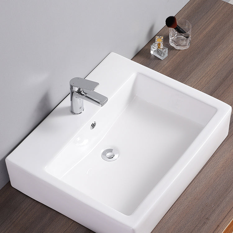 Bathroom Sink White Rectangle Overflow Ceramic One Hole Sink with Faucet