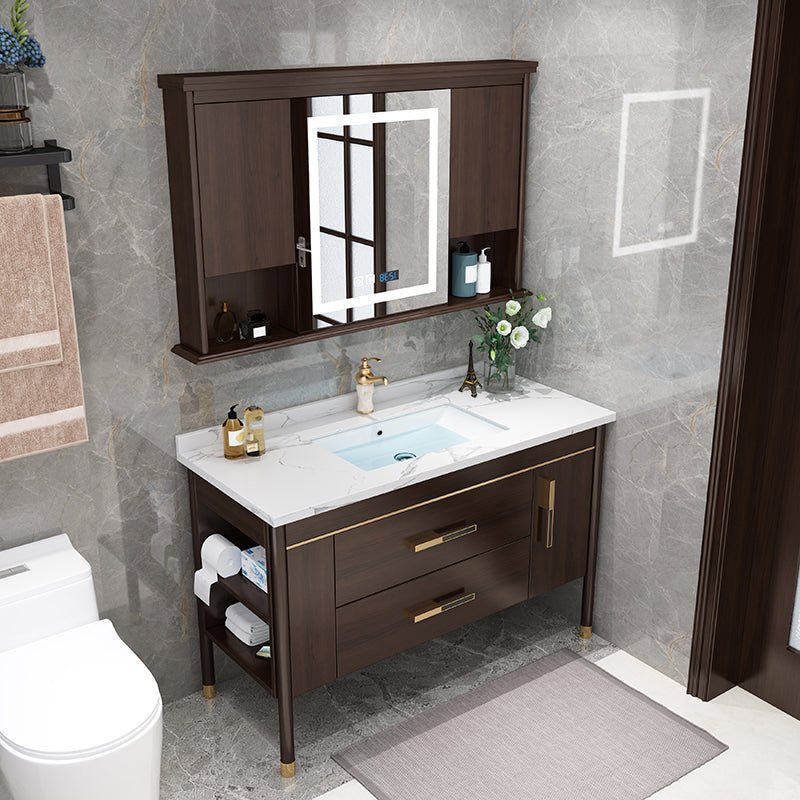 Wood Frame Bathroom Vanity Drawers Single Sink Rectangle Freestanding Vanity with Mirror