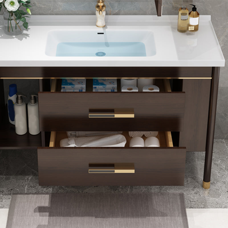 Wood Frame Bathroom Vanity Drawers Single Sink Rectangle Freestanding Vanity with Mirror