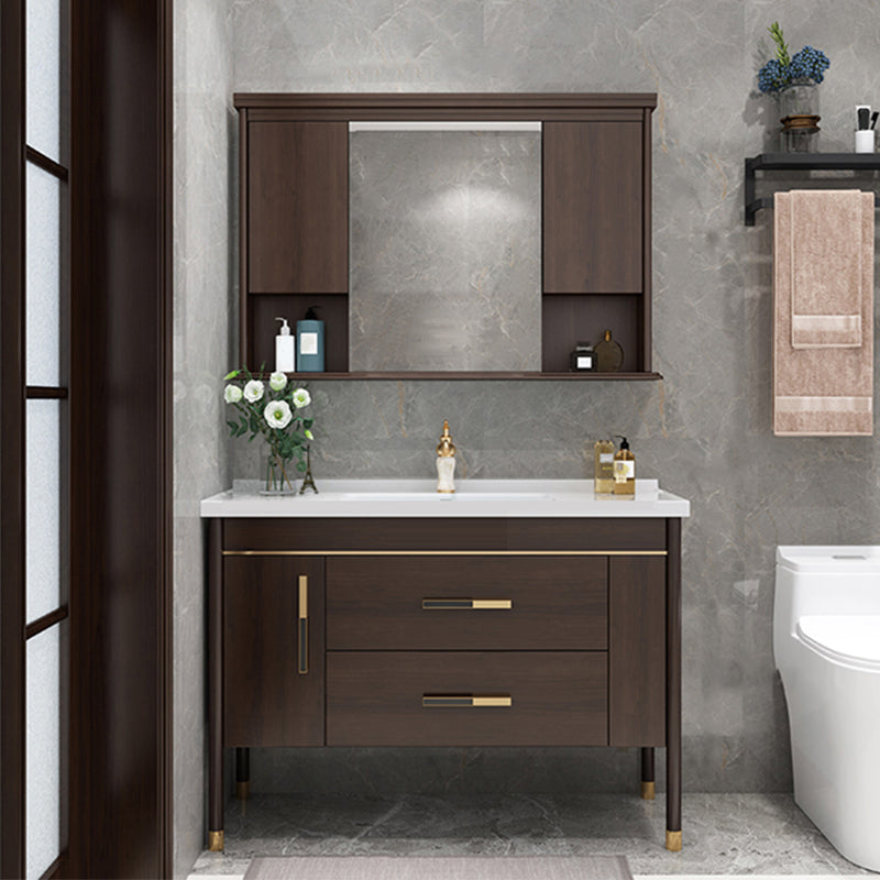 Wood Frame Bathroom Vanity Drawers Single Sink Rectangle Freestanding Vanity with Mirror