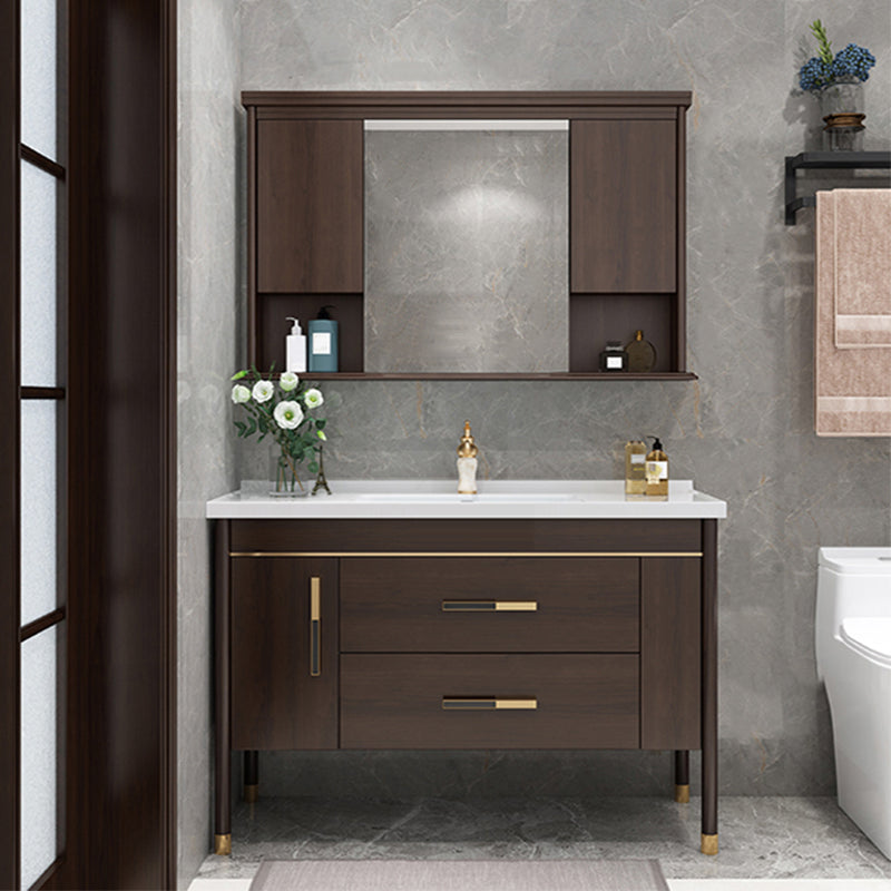 Wood Frame Bathroom Vanity Drawers Single Sink Rectangle Freestanding Vanity with Mirror