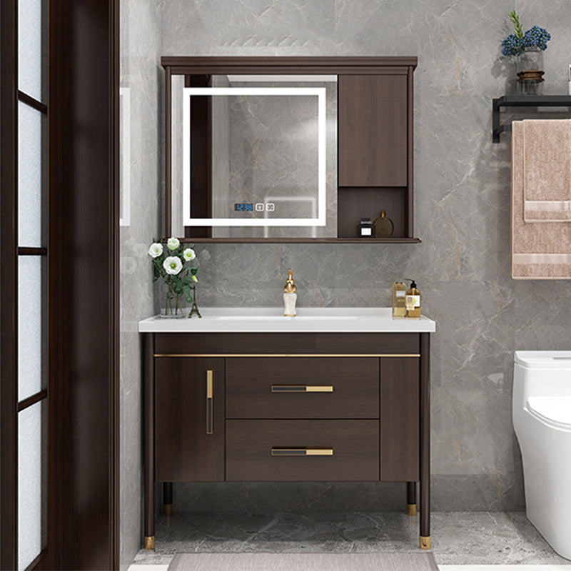 Wood Frame Bathroom Vanity Drawers Single Sink Rectangle Freestanding Vanity with Mirror