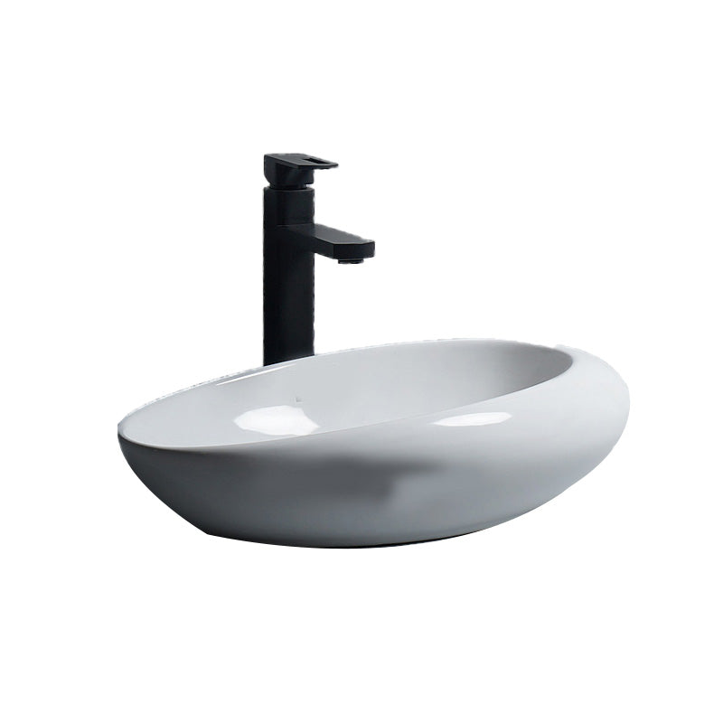 Modern Bathroom Sink Porcelain Oval-Shape Vessel Bathroom Sink with Pop-Up Drain