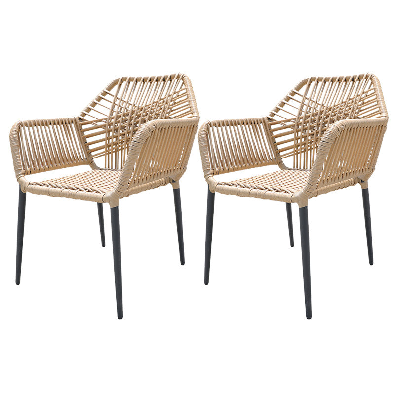 Tropical Outdoor Bistro Chairs with Arms in Faux Rattan and Metal Base