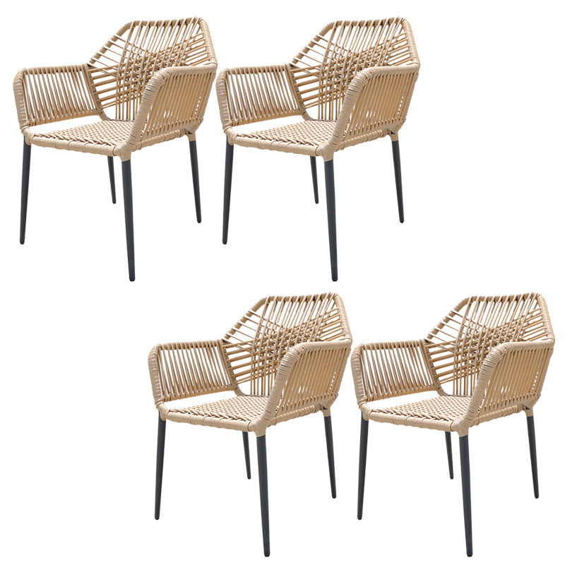 Tropical Outdoor Bistro Chairs with Arms in Faux Rattan and Metal Base