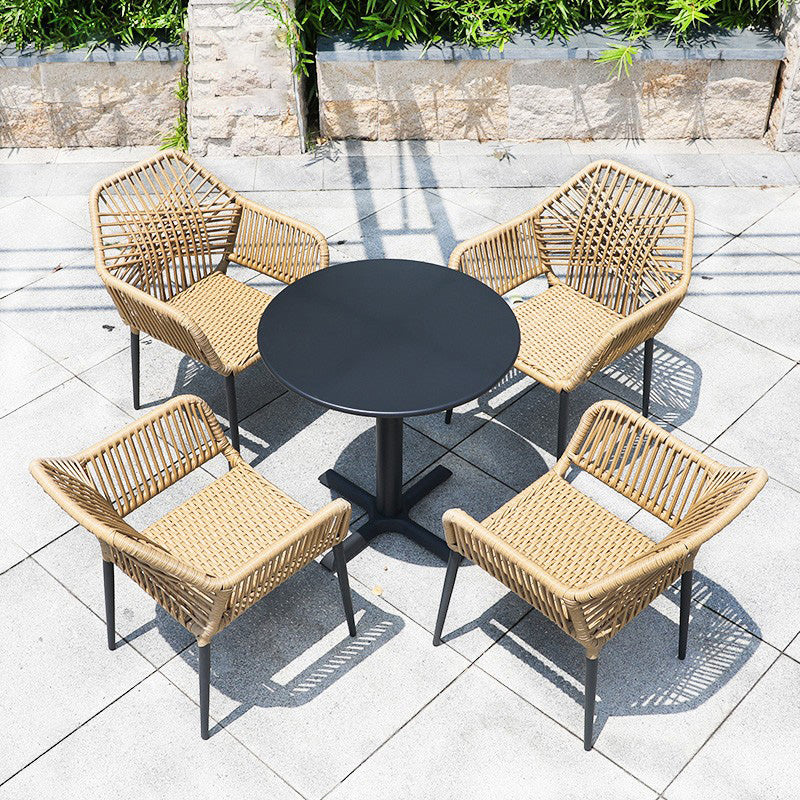 Tropical Outdoor Bistro Chairs with Arms in Faux Rattan and Metal Base
