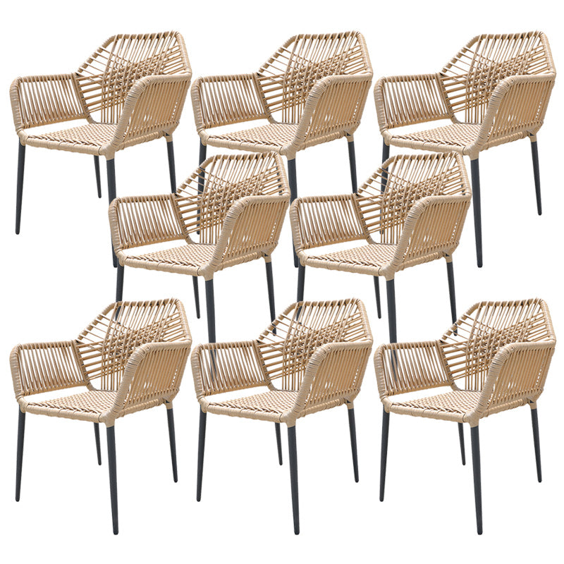 Tropical Outdoor Bistro Chairs with Arms in Faux Rattan and Metal Base