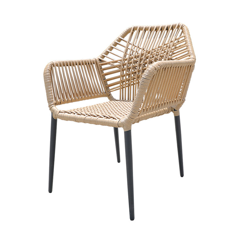 Tropical Outdoor Bistro Chairs with Arms in Faux Rattan and Metal Base