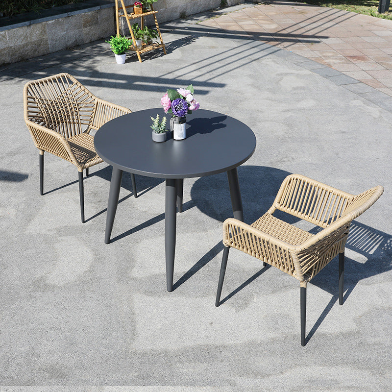 Tropical Outdoor Bistro Chairs with Arms in Faux Rattan and Metal Base