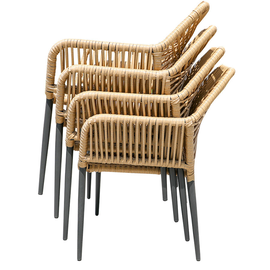 Tropical Outdoor Bistro Chairs with Arms in Faux Rattan and Metal Base