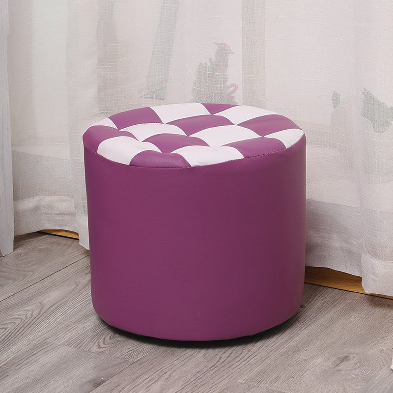Color Block Ottoman Faux Leather Stain Resistant Cylinder Shape Pouf Ottoman