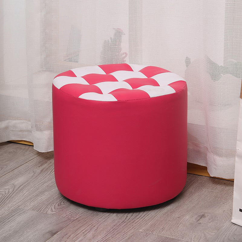 Color Block Ottoman Faux Leather Stain Resistant Cylinder Shape Pouf Ottoman