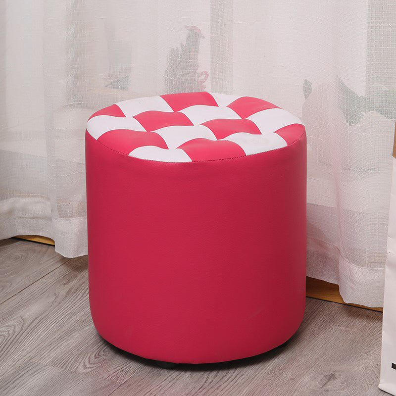 Color Block Ottoman Faux Leather Stain Resistant Cylinder Shape Pouf Ottoman