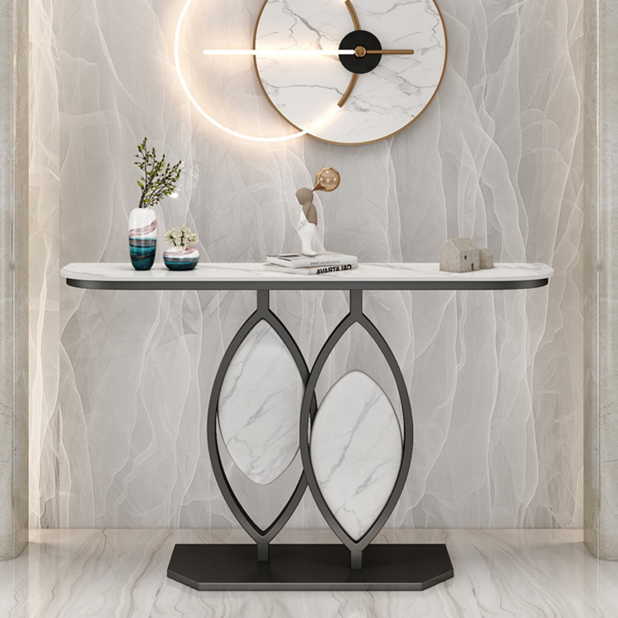 Glam Stone Console Table Scratch Resistant End Table for Hall
