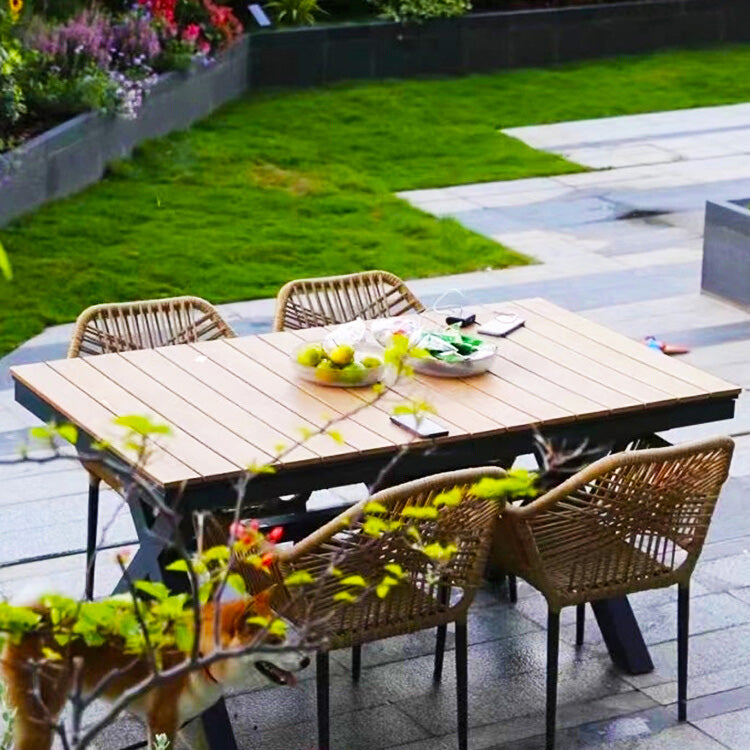 Farmhouse Style Dining Table Wooden and Metal Rectangle Shape Water Resistant Table