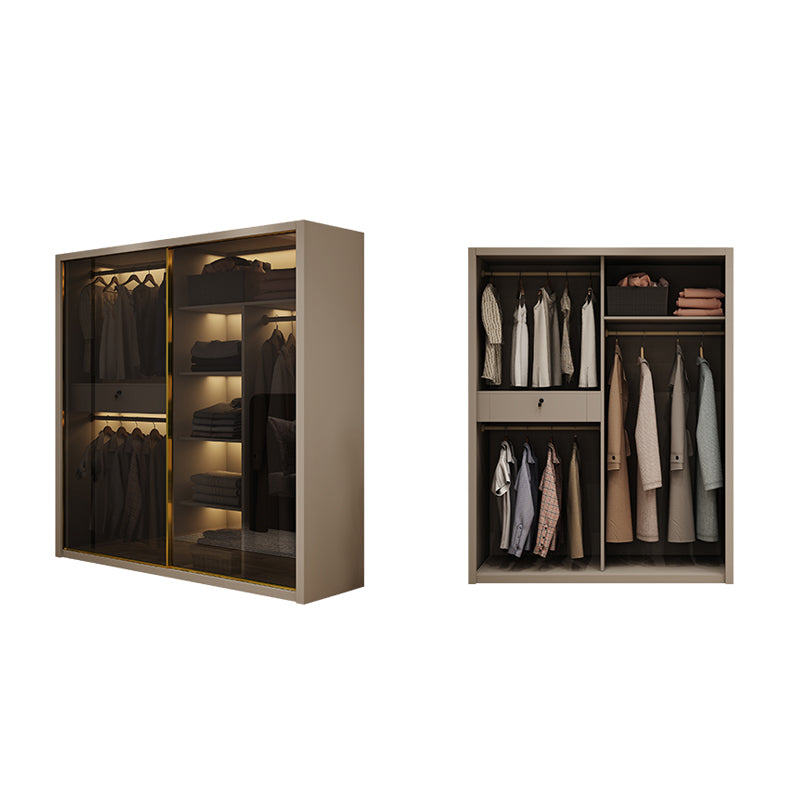 Glass and Wood Wardrobe Cabinet Sliding Wardrobe Armoire without Light
