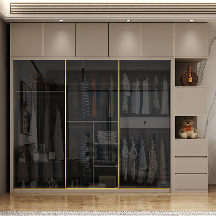 Glass and Wood Wardrobe Cabinet Sliding Wardrobe Armoire without Light