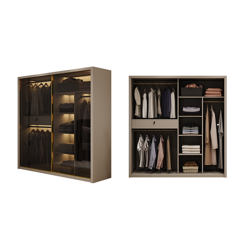 Glass and Wood Wardrobe Cabinet Sliding Wardrobe Armoire without Light