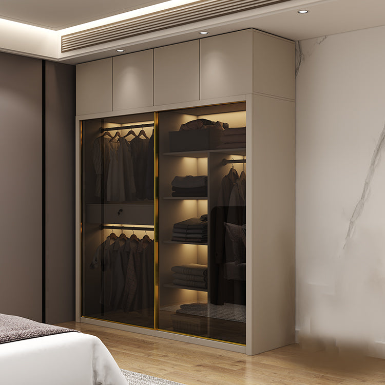 Glass and Wood Wardrobe Cabinet Sliding Wardrobe Armoire without Light