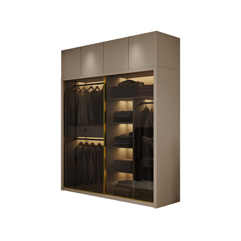 Glass and Wood Wardrobe Cabinet Sliding Wardrobe Armoire without Light