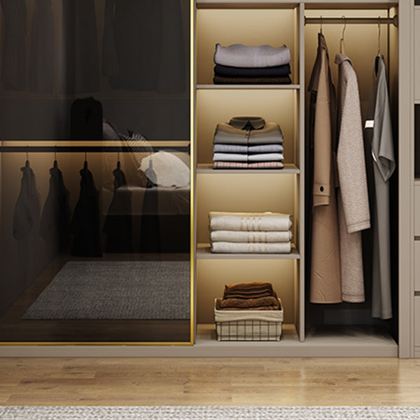 Glass and Wood Wardrobe Cabinet Sliding Wardrobe Armoire without Light