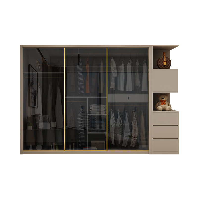 Glass and Wood Wardrobe Cabinet Sliding Wardrobe Armoire without Light