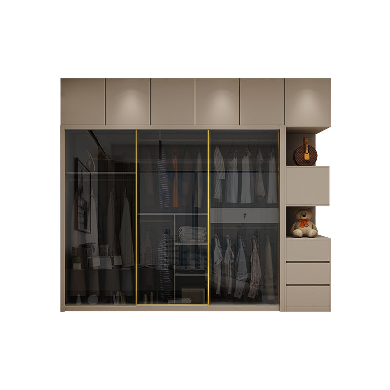 Glass and Wood Wardrobe Cabinet Sliding Wardrobe Armoire without Light