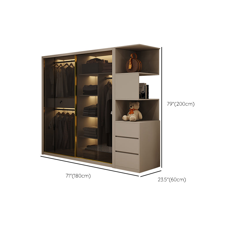Glass and Wood Wardrobe Cabinet Sliding Wardrobe Armoire without Light