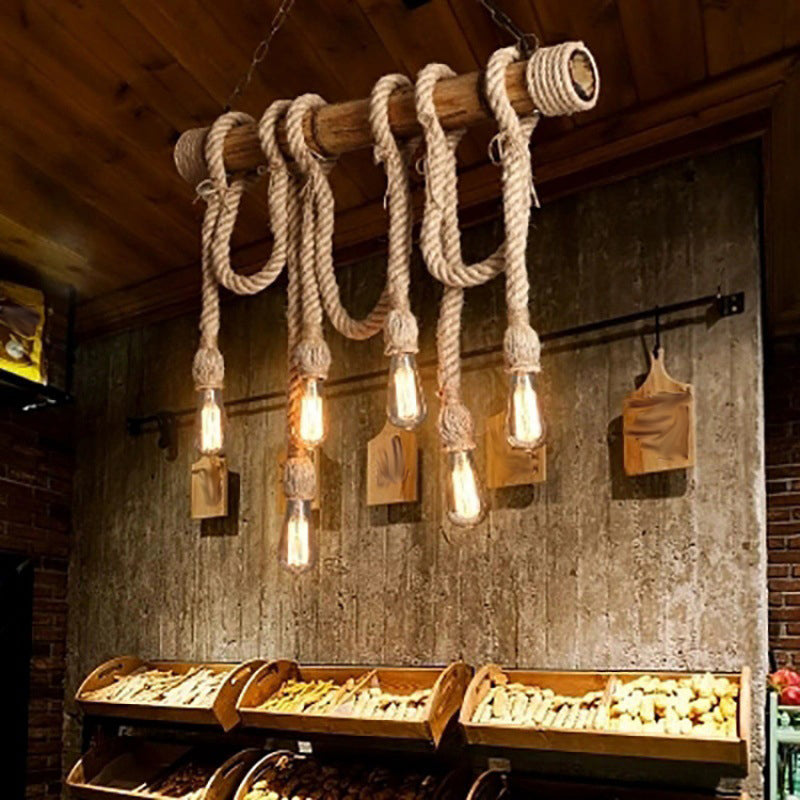 Bamboo 3 / 6 - Light Island Light Industrial Ceiling Pendant with Hemp Rope