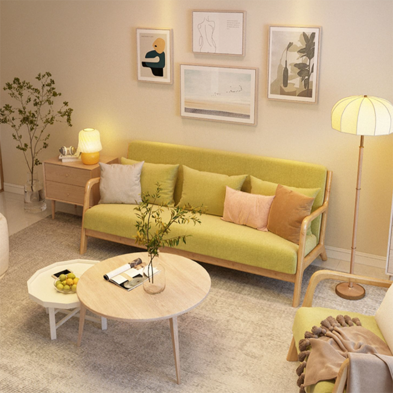 Nordic Solid Wood Sofa 3-Seater Square Arm Sofa with Single Cushion Seat