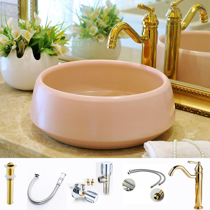 Traditional Bathroom Sink Porcelain Round Vessel Sink with Pop-Up Drain