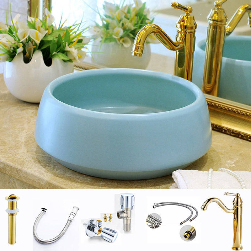 Traditional Bathroom Sink Porcelain Round Vessel Sink with Pop-Up Drain