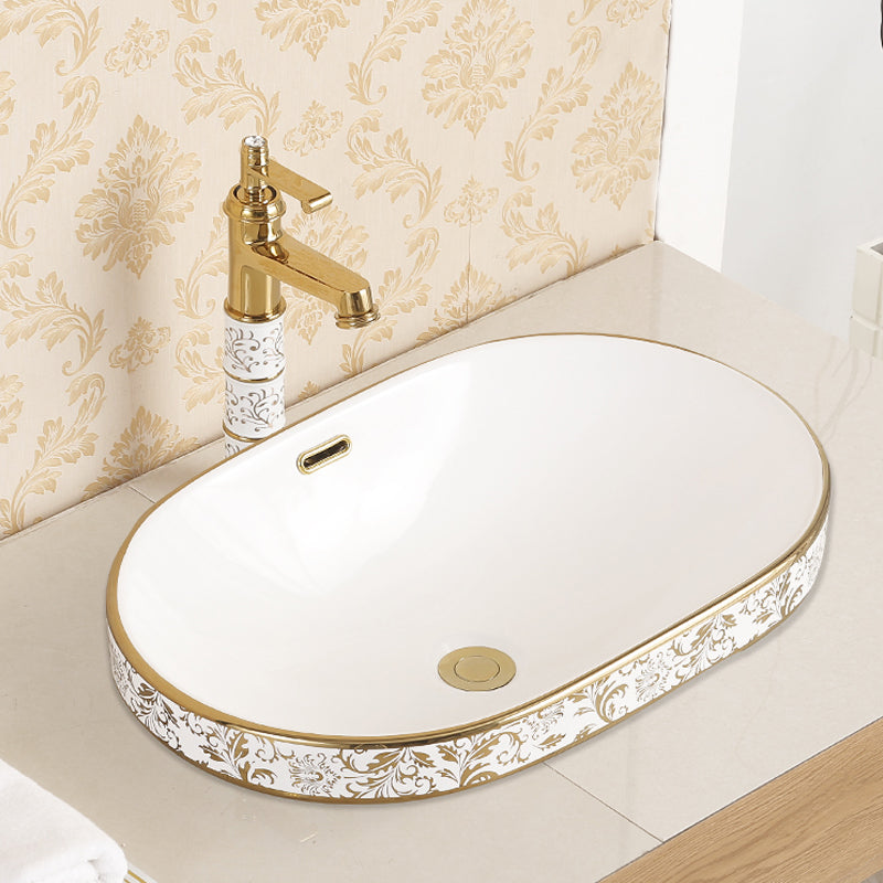 Traditional Bathroom Sink Porcelain Oval-Shape Vessel Bathroom Sink with Pop-Up Drain